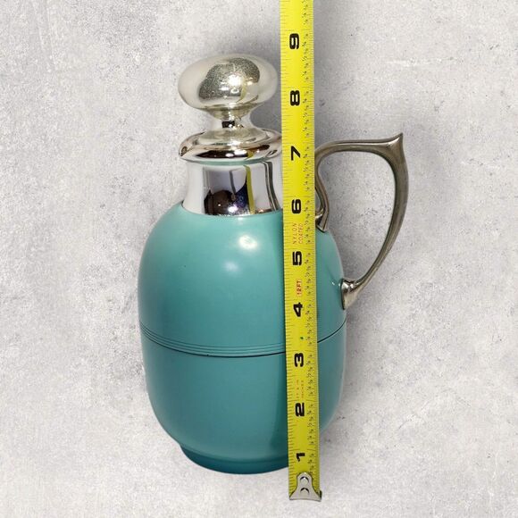 Vintage Manning Bowman Art Deco Turquoise Thermos & Tray w/ Glass Stopper Chrome - Picture 13 of 16